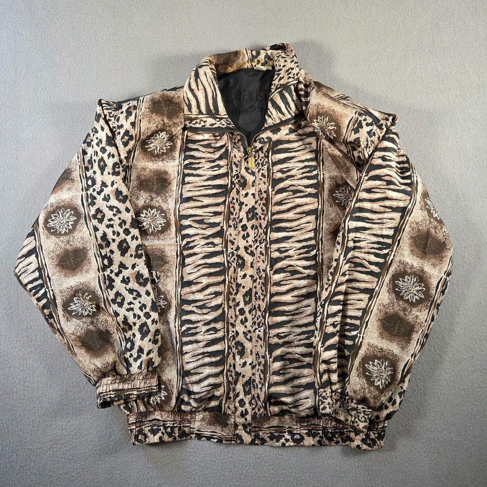 Fuda International Jacket Womens Large Silk Animal Print Full Zip Bomber